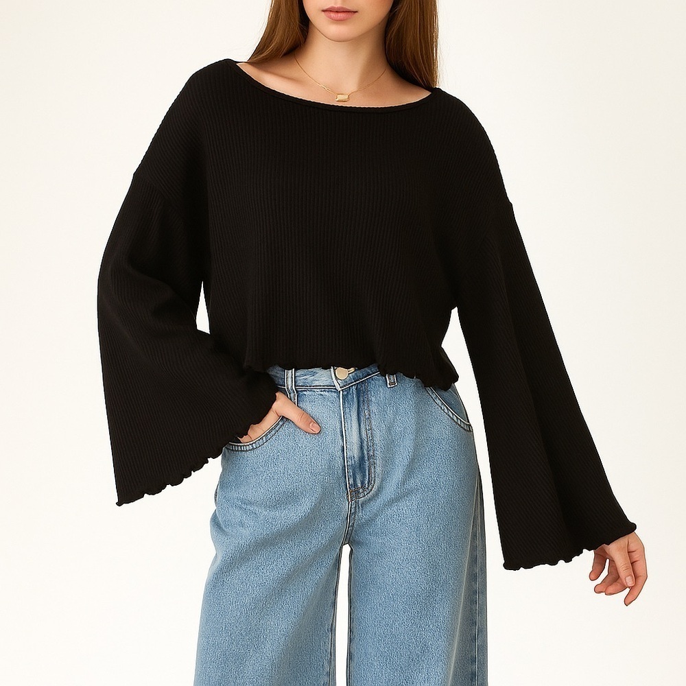 Project Social T Black Bell Sleeve Sweater XS Oversized Lettuce Trim Whimsigoth